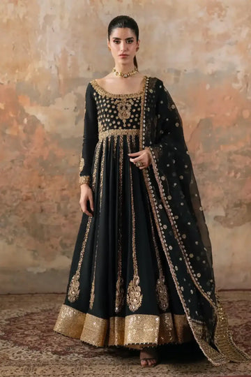 Azure Maya Pret black handworked Eid pishwas stitched luxury wear.