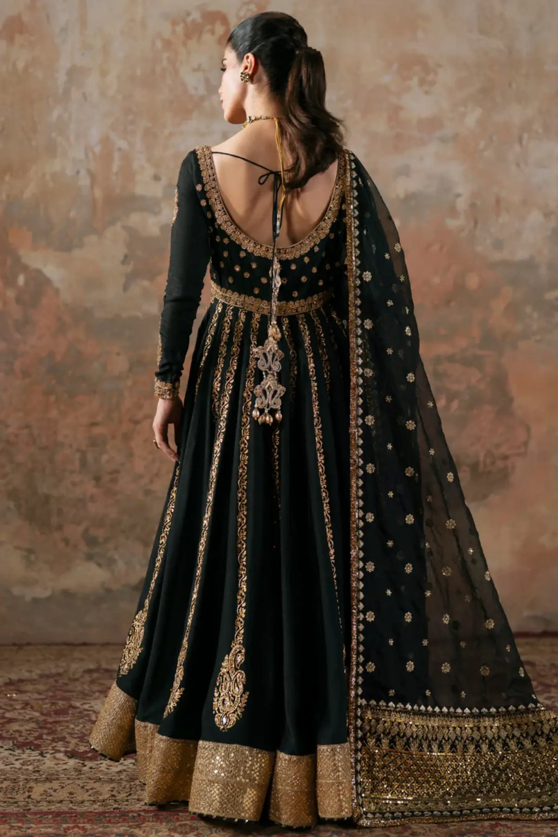 Azure Maya Pret black handworked Eid pishwas stitched luxury wear.