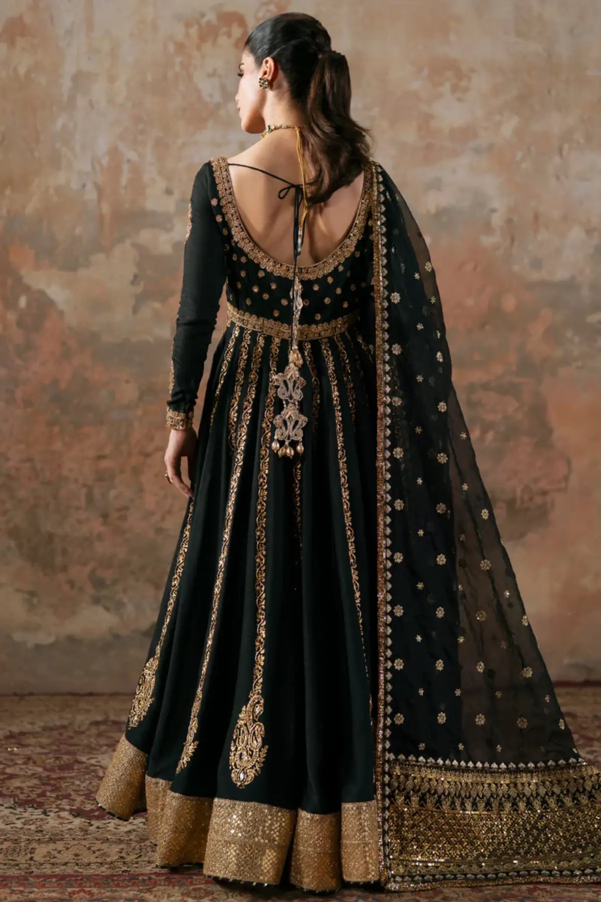 Azure Maya Pret black handworked Eid pishwas stitched luxury wear.