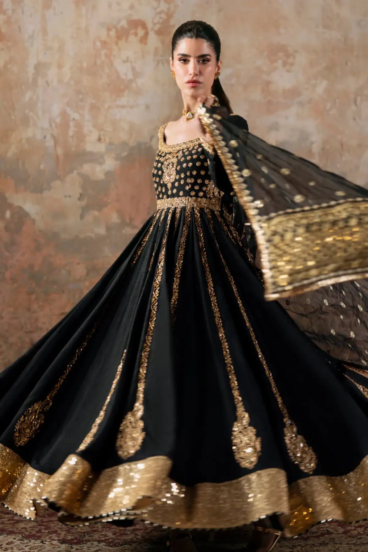 Azure Maya Pret black handworked Eid pishwas stitched luxury wear.