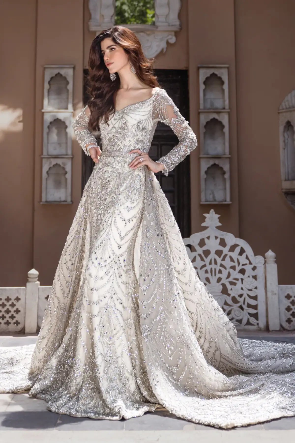 B24-001 white bridal gown with hand embellishment and veil