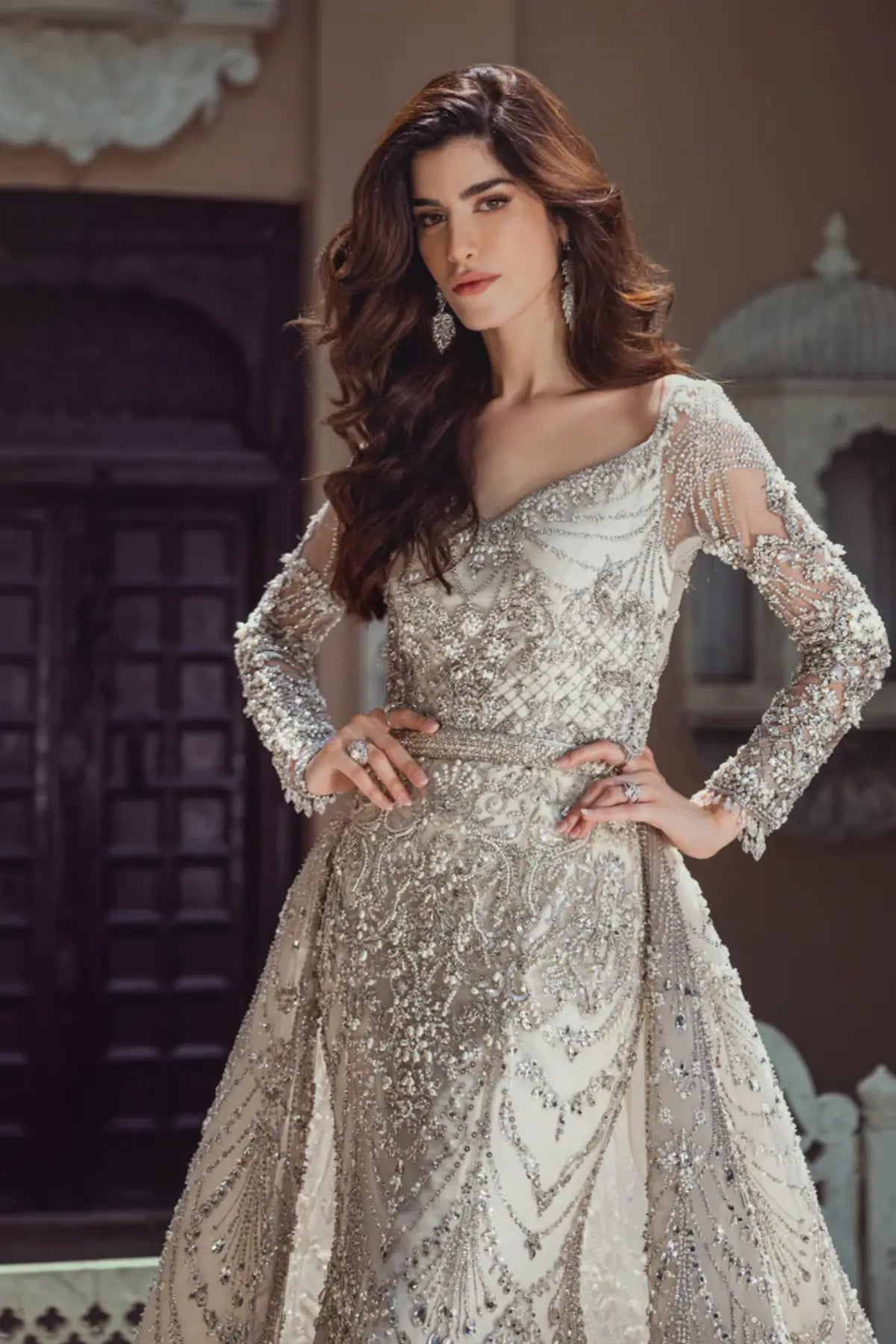 B24-001 white bridal gown with hand embellishment and veil