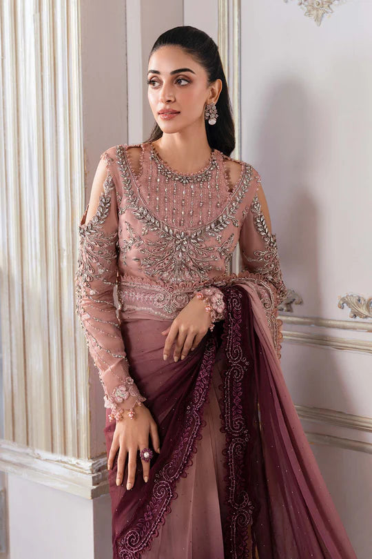 BD-3001- Ash Pink Ombre Embroidered Chiffon Saree By-Maria.B