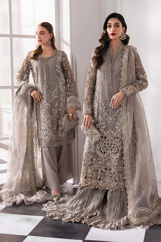 BD-3006 -Steel Grey Embroidered Organza Suit By-Maria.B