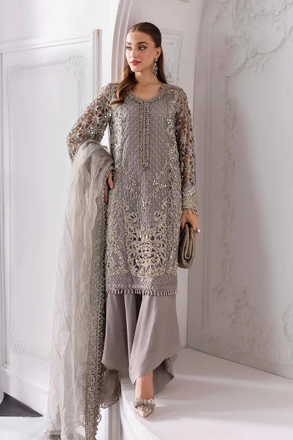 BD-3006 -Steel Grey Embroidered Organza Suit By-Maria.B