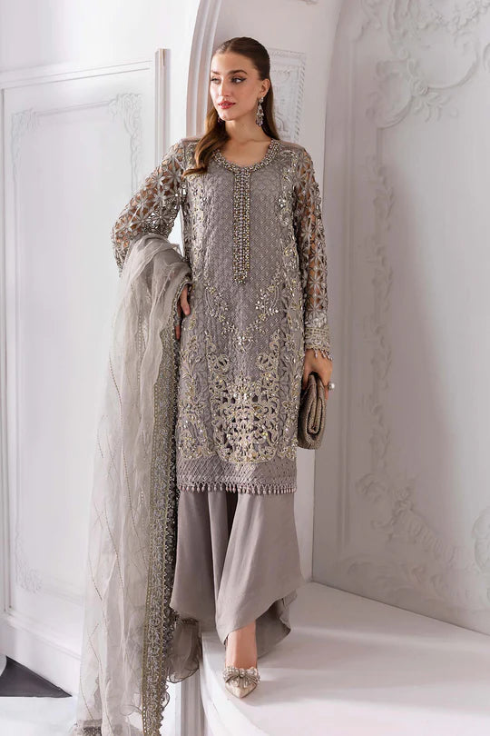 BD-3006 -Steel Grey Embroidered Organza Suit By-Maria.B
