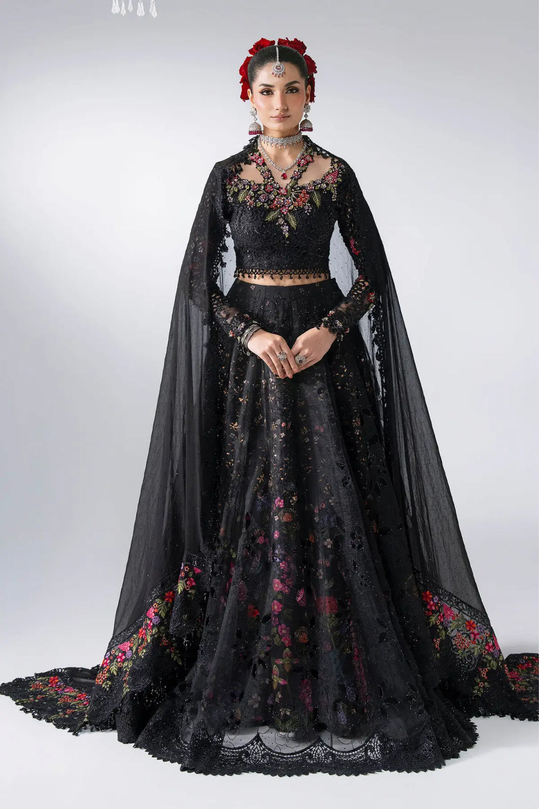 Maria B Mbroidered BD-3101 black floral embroidered organza stitched lehenga choli with 3D handwork and chiffon dupatta