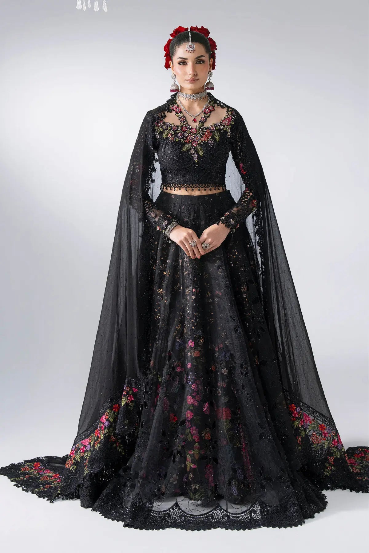 Maria B Mbroidered BD-3101 black floral embroidered organza stitched lehenga choli with 3D handwork and chiffon dupatta