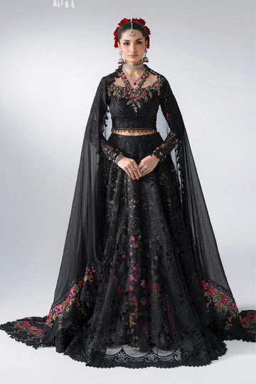 Maria B Mbroidered BD-3101 black floral embroidered organza stitched lehenga choli with 3D handwork and chiffon dupatta