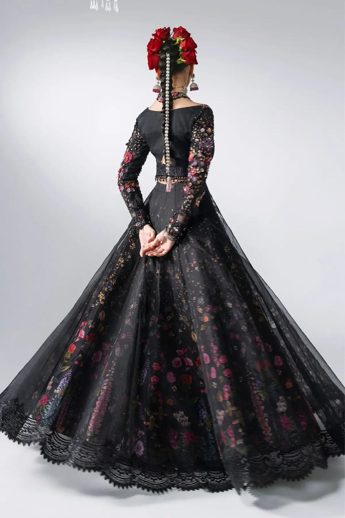 Maria B Mbroidered BD-3101 black floral embroidered organza stitched lehenga choli with 3D handwork and chiffon dupatta