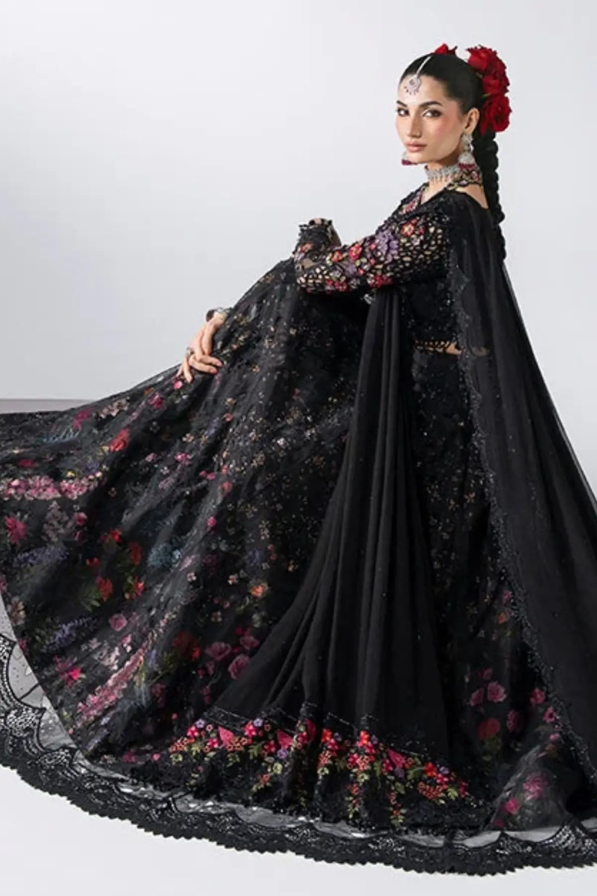 Maria B Mbroidered BD-3101 black floral embroidered organza stitched lehenga choli with 3D handwork and chiffon dupatta