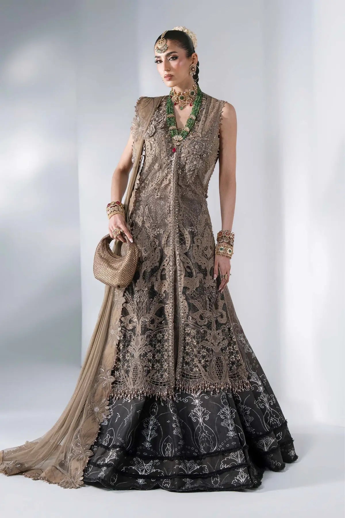 Maria B Mbroidered BD-3102 coffee grey embroidered chiffon stitched formal suit with raw silk trouser and embellished net dupatta