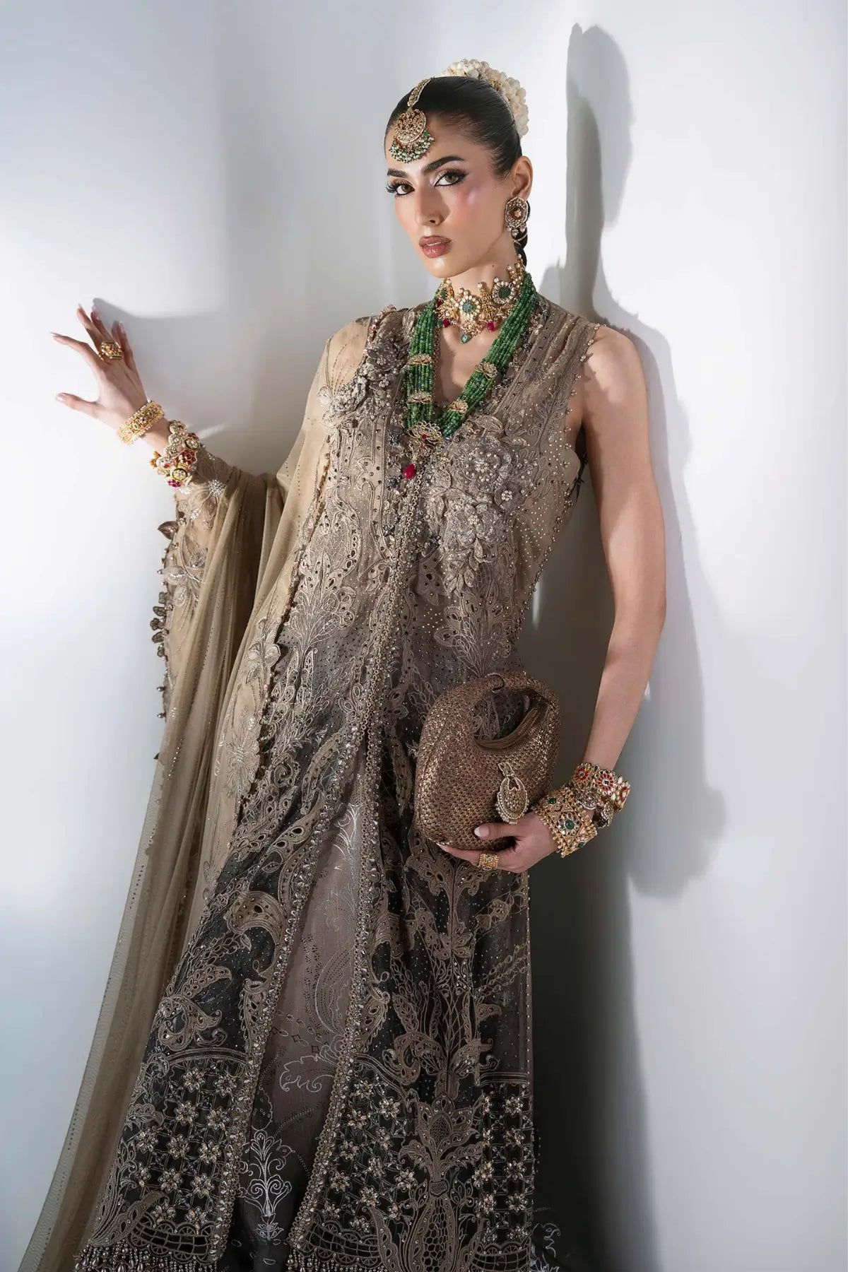 Maria B Mbroidered BD-3102 coffee grey embroidered chiffon stitched formal suit with raw silk trouser and embellished net dupatta