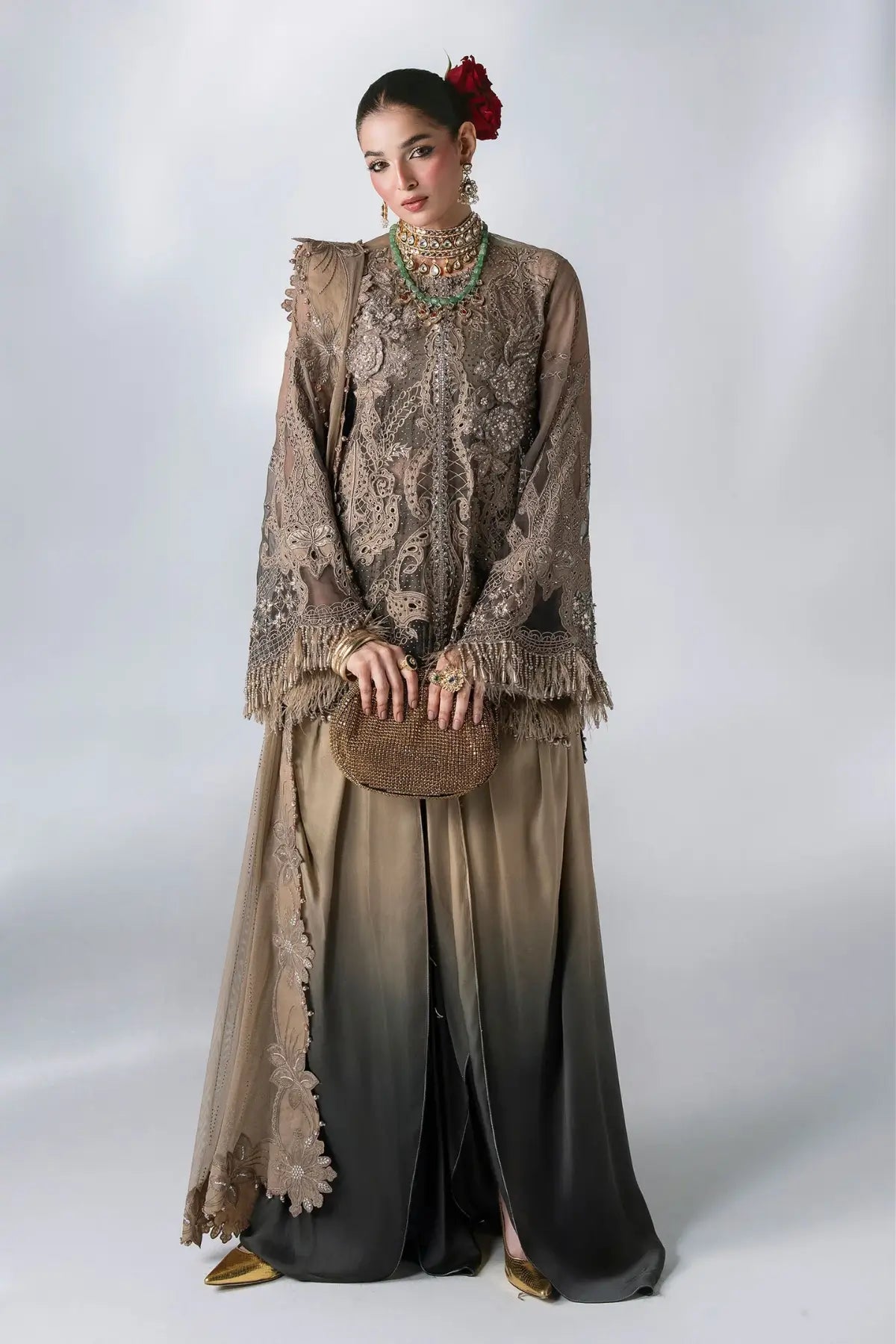 Maria B Mbroidered BD-3102 coffee grey embroidered chiffon stitched formal suit with raw silk trouser and embellished net dupatta