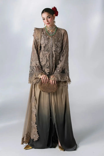 Maria B Mbroidered BD-3102 coffee grey embroidered chiffon stitched formal suit with raw silk trouser and embellished net dupatta