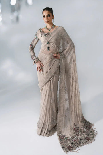 Maria B Mbroidered BD-3103 mouse grey embroidered chiffon stitched party wear saree with 3D floral embellishments