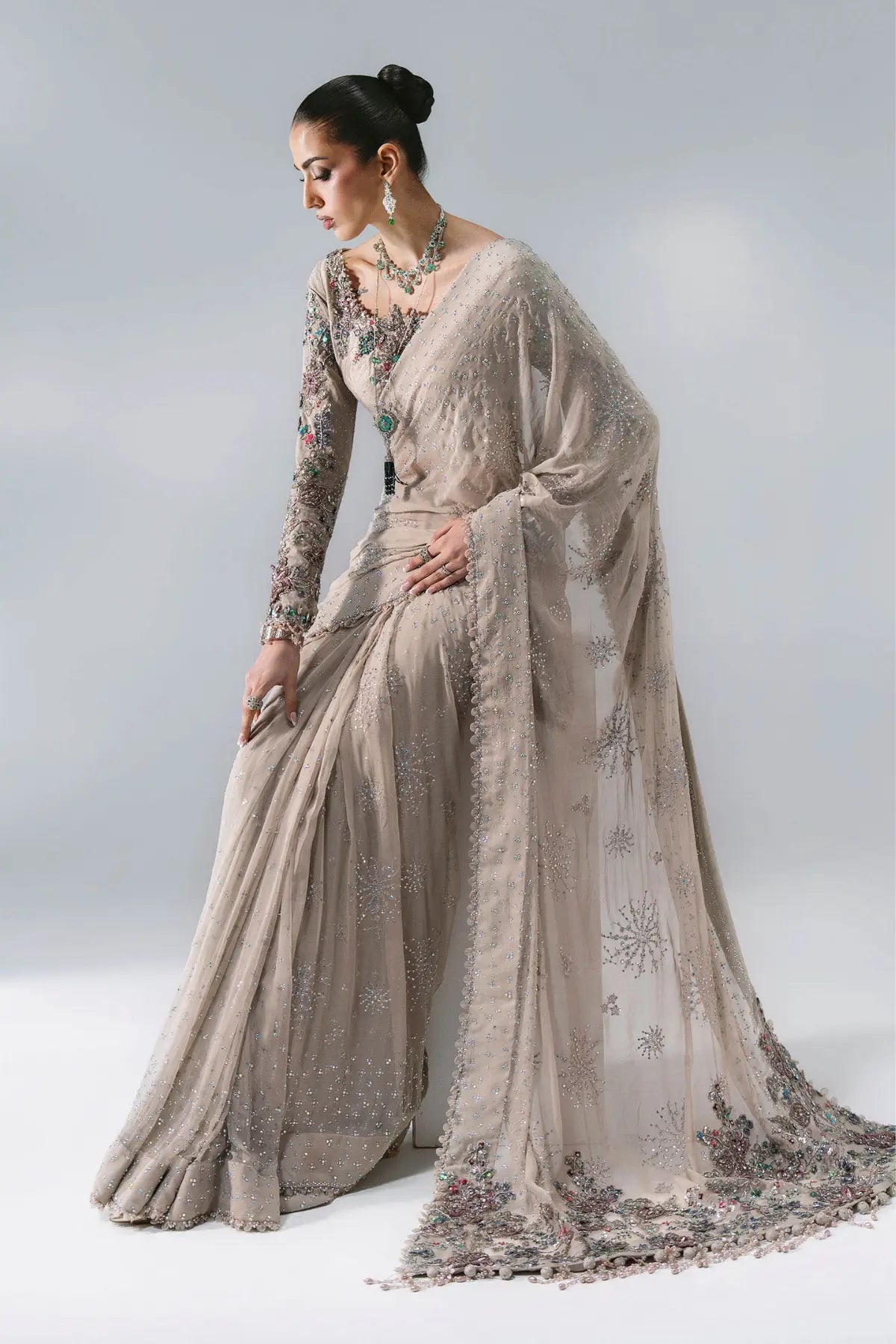 Maria B Mbroidered BD-3103 mouse grey embroidered chiffon stitched party wear saree with 3D floral embellishments