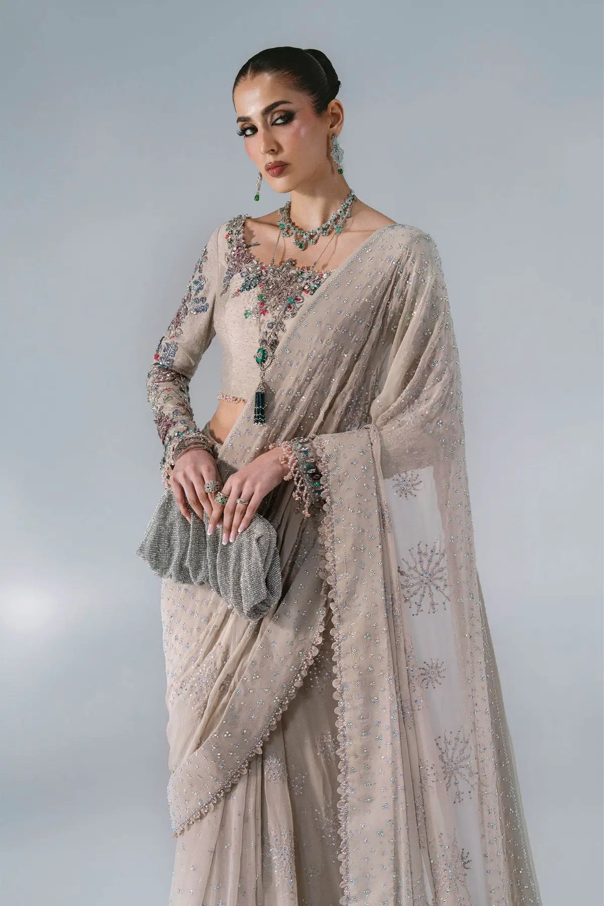 Maria B Mbroidered BD-3103 mouse grey embroidered chiffon stitched party wear saree with 3D floral embellishments