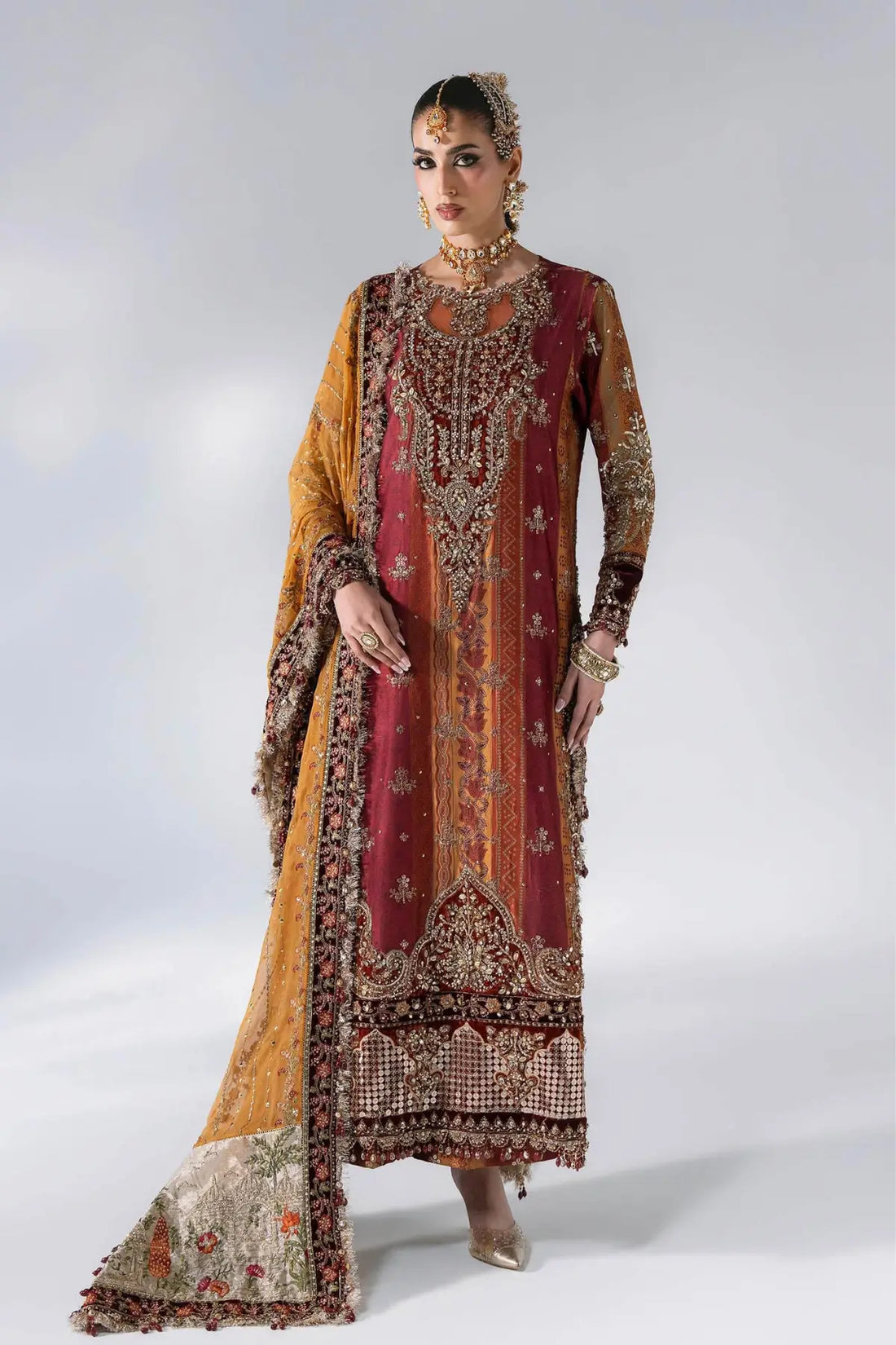 Maria B Mbroidered BD-3104 rust maroon embroidered raw silk stitched Mehndi dress with velvet detailing and mukaish chiffon dupatta