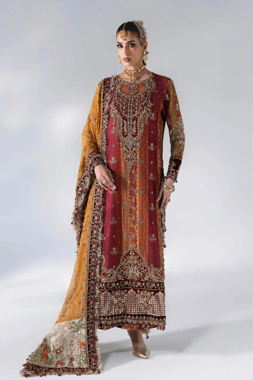 Maria B Mbroidered BD-3104 rust maroon embroidered raw silk stitched Mehndi dress with velvet detailing and mukaish chiffon dupatta