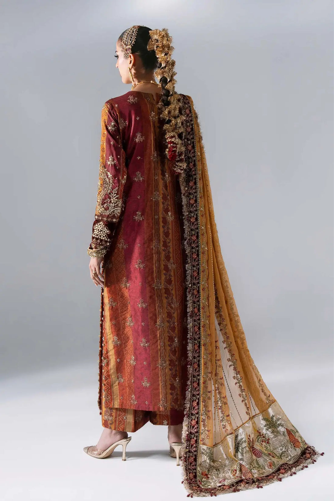 Maria B Mbroidered BD-3104 rust maroon embroidered raw silk stitched Mehndi dress with velvet detailing and mukaish chiffon dupatta