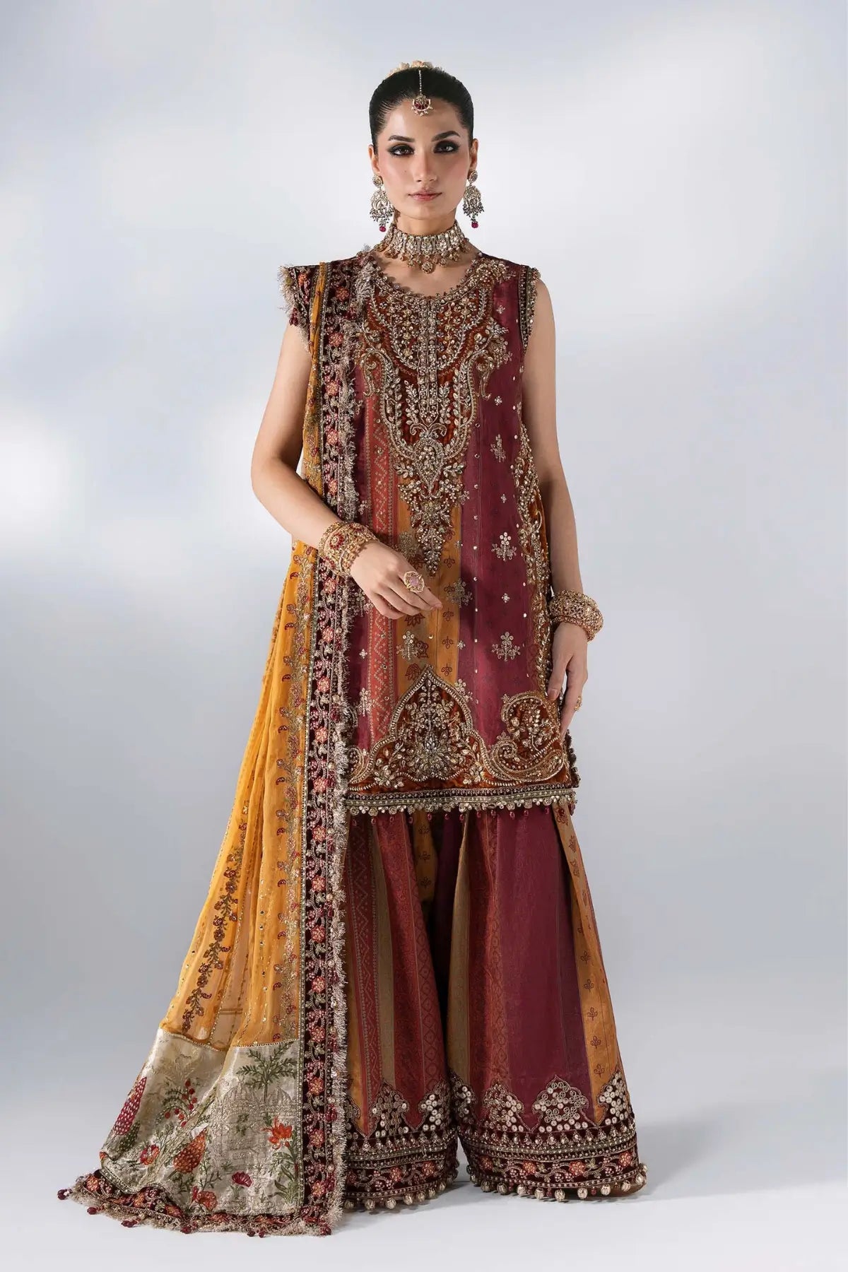 Maria B Mbroidered BD-3104 rust maroon embroidered raw silk stitched Mehndi dress with velvet detailing and mukaish chiffon dupatta