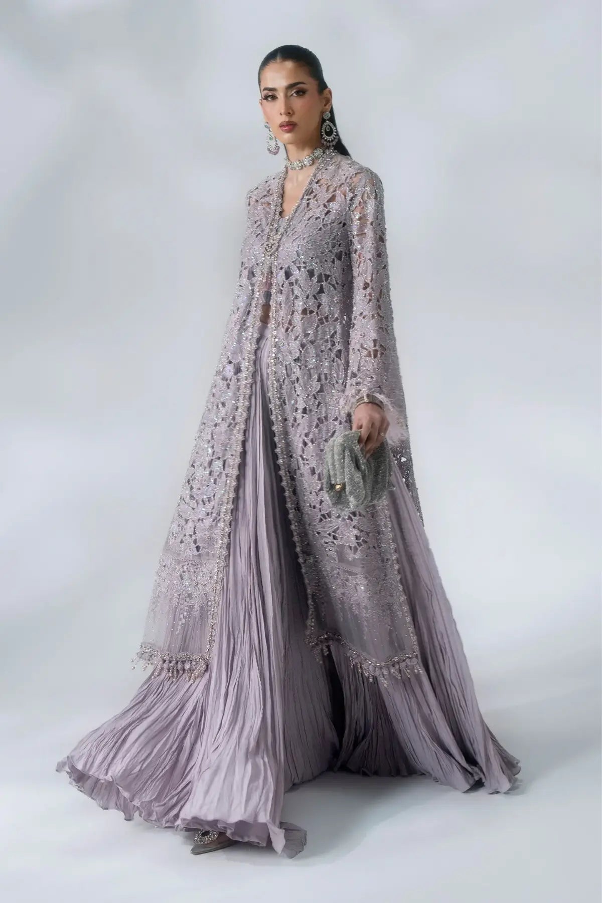 Maria B Mbroidered BD-3105 dusty lilac handworked organza stitched formal wedding dress with embroidered dupatta and raw silk trouser