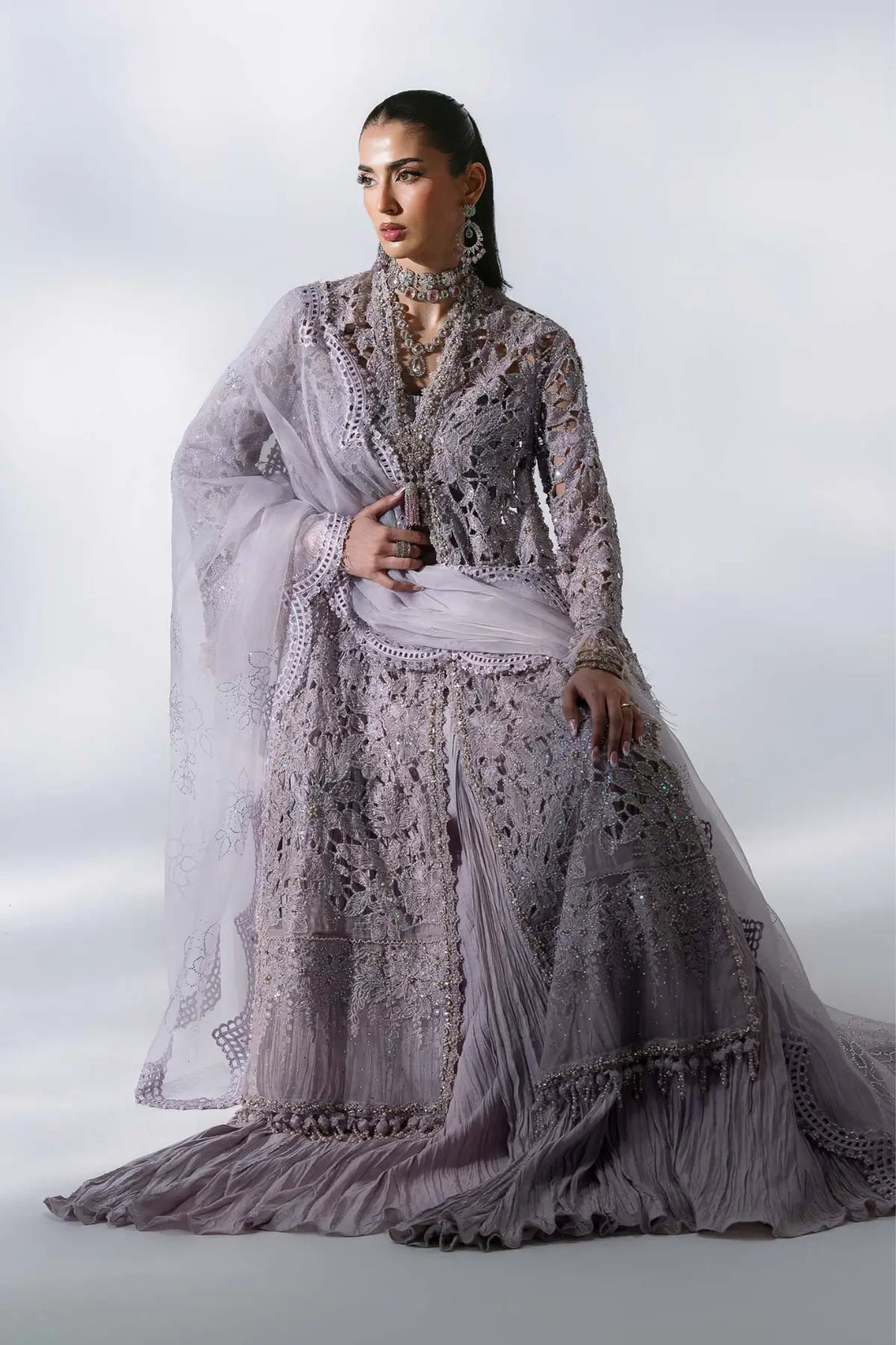 Maria B Mbroidered BD-3105 dusty lilac handworked organza stitched formal wedding dress with embroidered dupatta and raw silk trouser