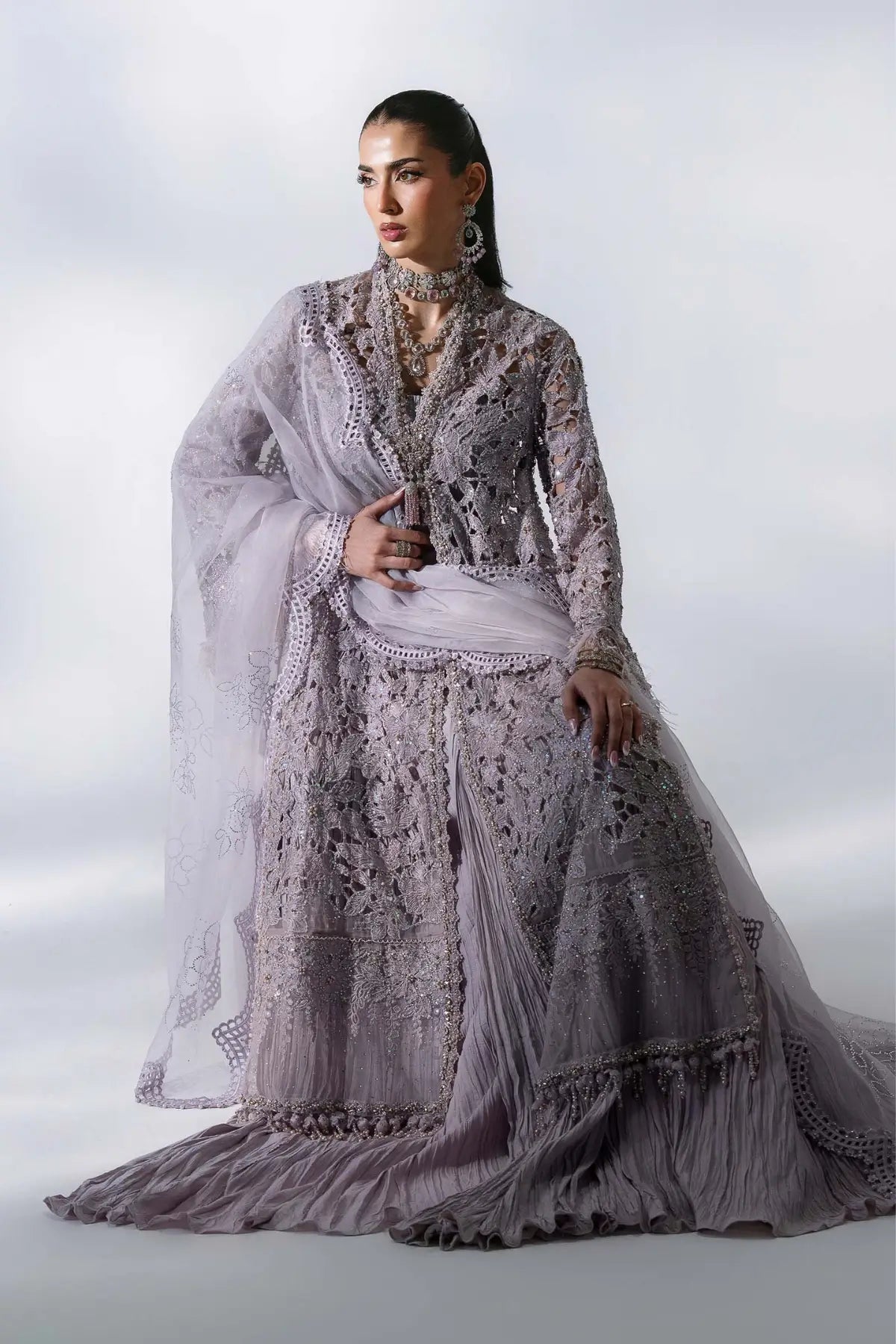Maria B Mbroidered BD-3105 dusty lilac handworked organza stitched formal wedding dress with embroidered dupatta and raw silk trouser
