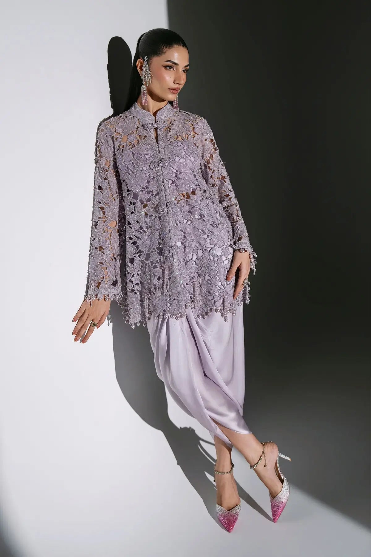 Maria B Mbroidered BD-3105 dusty lilac handworked organza stitched formal wedding dress with embroidered dupatta and raw silk trouser