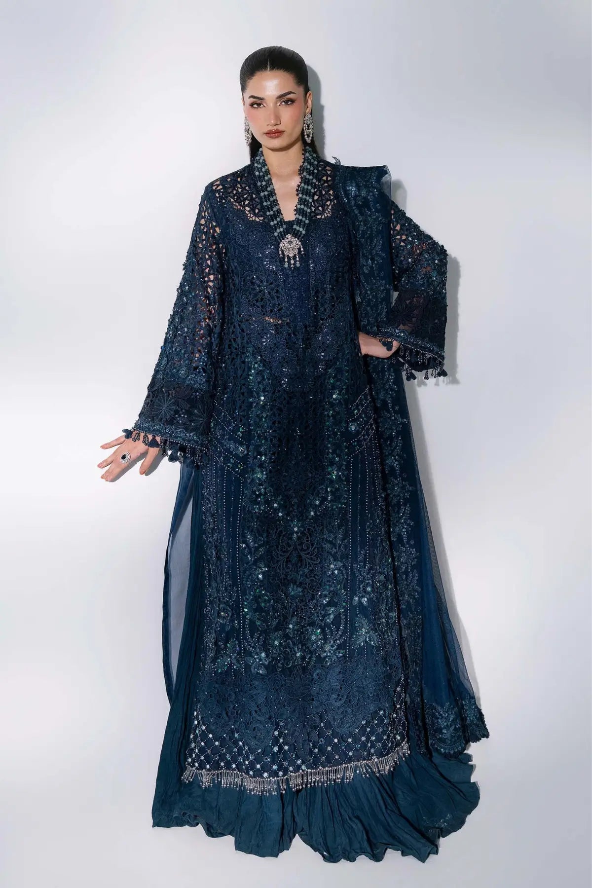 Maria B Mbroidered BD-3106 teal embroidered organza stitched 3-piece wedding suit with 3D floral handwork and net dupatta