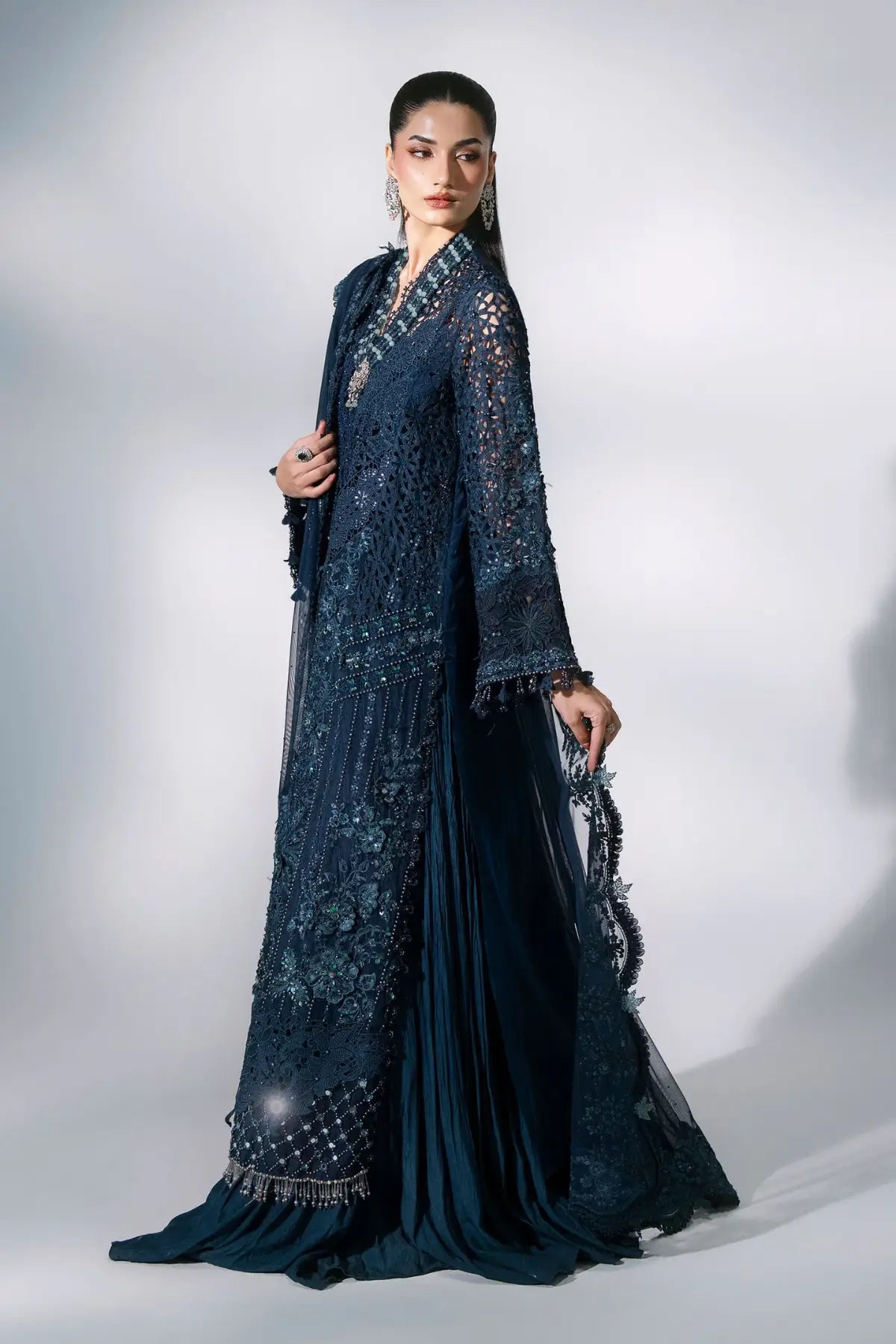 Maria B Mbroidered BD-3106 teal embroidered organza stitched 3-piece wedding suit with 3D floral handwork and net dupatta