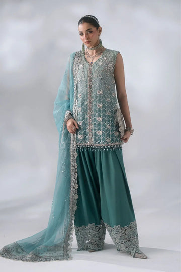 Maria B Mbroidered BD-3107 aqua and sea green embroidered organza stitched 3-piece formal suit with embellished dupatta