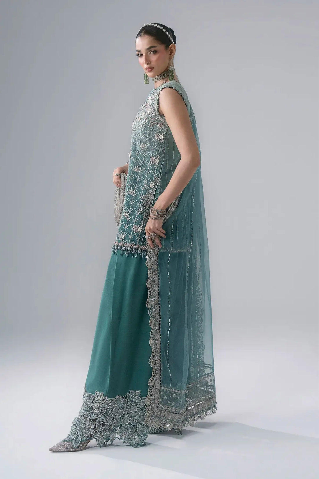 Maria B Mbroidered BD-3107 aqua and sea green embroidered organza stitched 3-piece formal suit with embellished dupatta