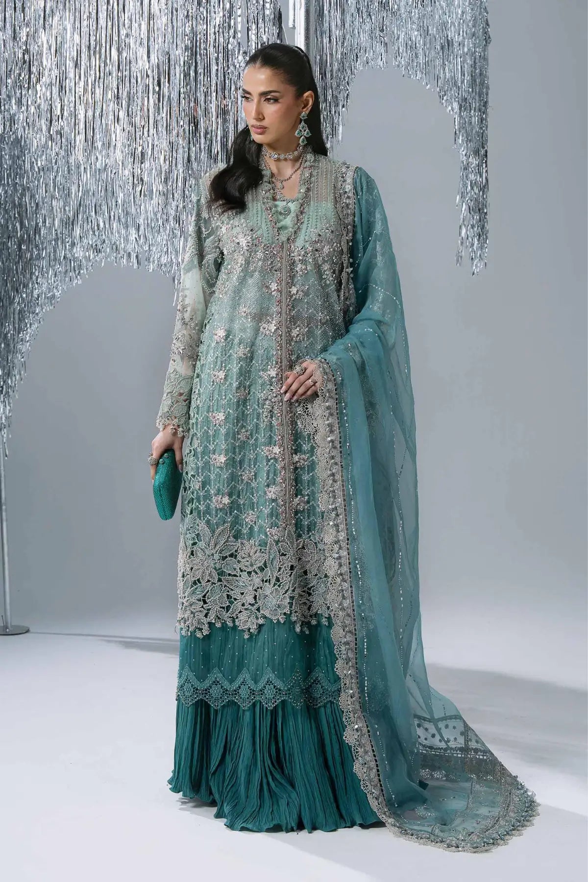 Maria B Mbroidered BD-3107 aqua and sea green embroidered organza stitched 3-piece formal suit with embellished dupatta