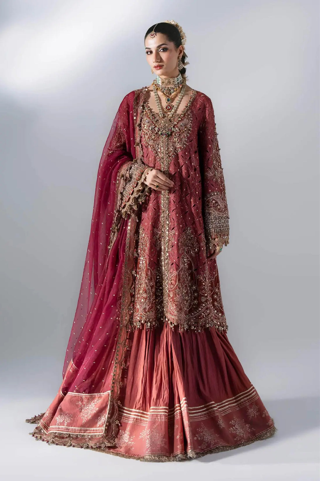 Maria B Mbroidered BD-3108 salmon pink embroidered organza stitched Nikkah suit with velvet detailing and mukaish dupatta