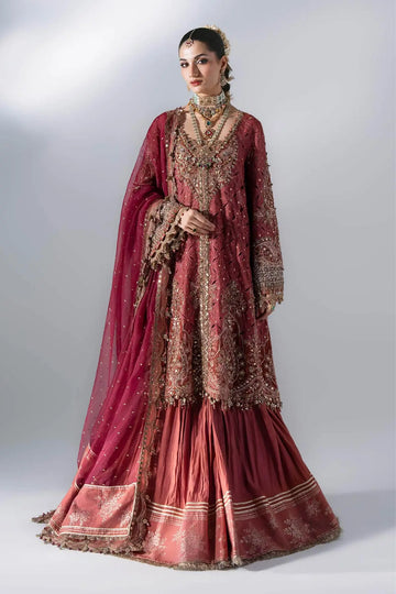 Maria B Mbroidered BD-3108 salmon pink embroidered organza stitched Nikkah suit with velvet detailing and mukaish dupatta