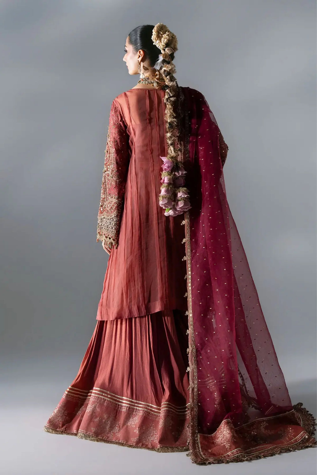 Maria B Mbroidered BD-3108 salmon pink embroidered organza stitched Nikkah suit with velvet detailing and mukaish dupatta