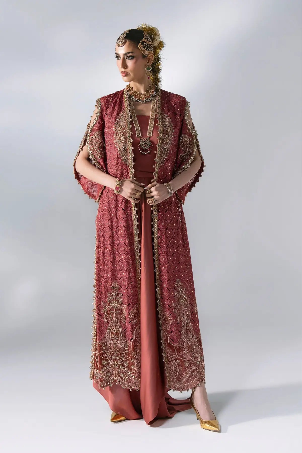 Maria B Mbroidered BD-3108 salmon pink embroidered organza stitched Nikkah suit with velvet detailing and mukaish dupatta