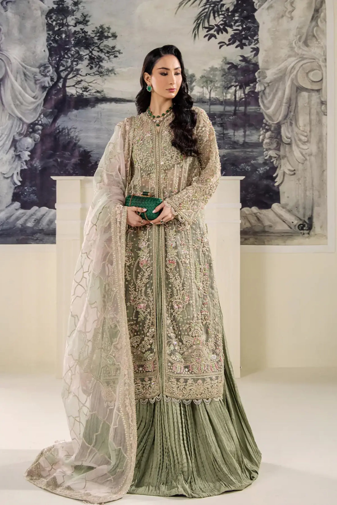 BELLE by Saad Shaikh mint green embroidered stitched crushed lehenga suit with dupatta | Pakistanimoda