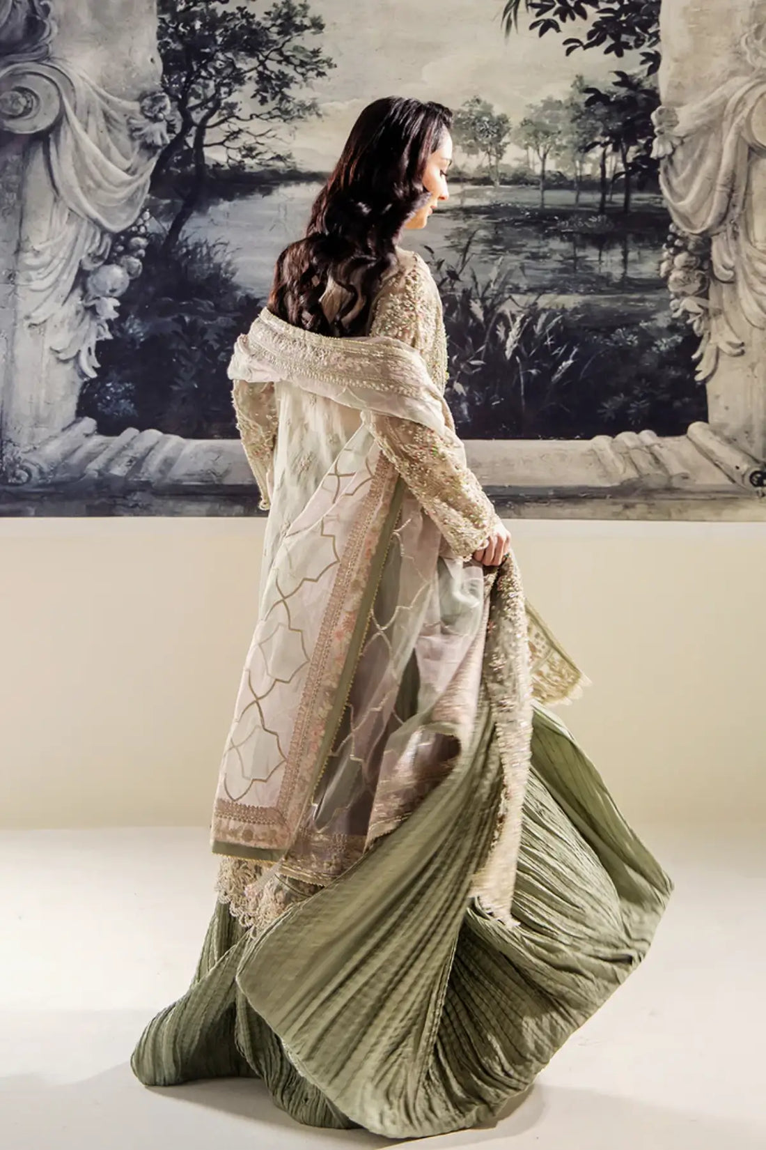 BELLE by Saad Shaikh mint green embroidered stitched crushed lehenga suit with dupatta | Pakistanimoda