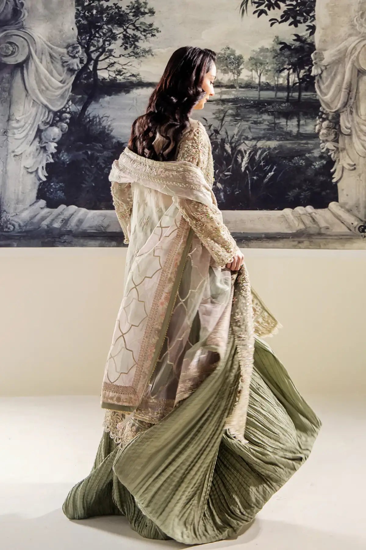 BELLE by Saad Shaikh mint green embroidered stitched crushed lehenga suit with dupatta | Pakistanimoda