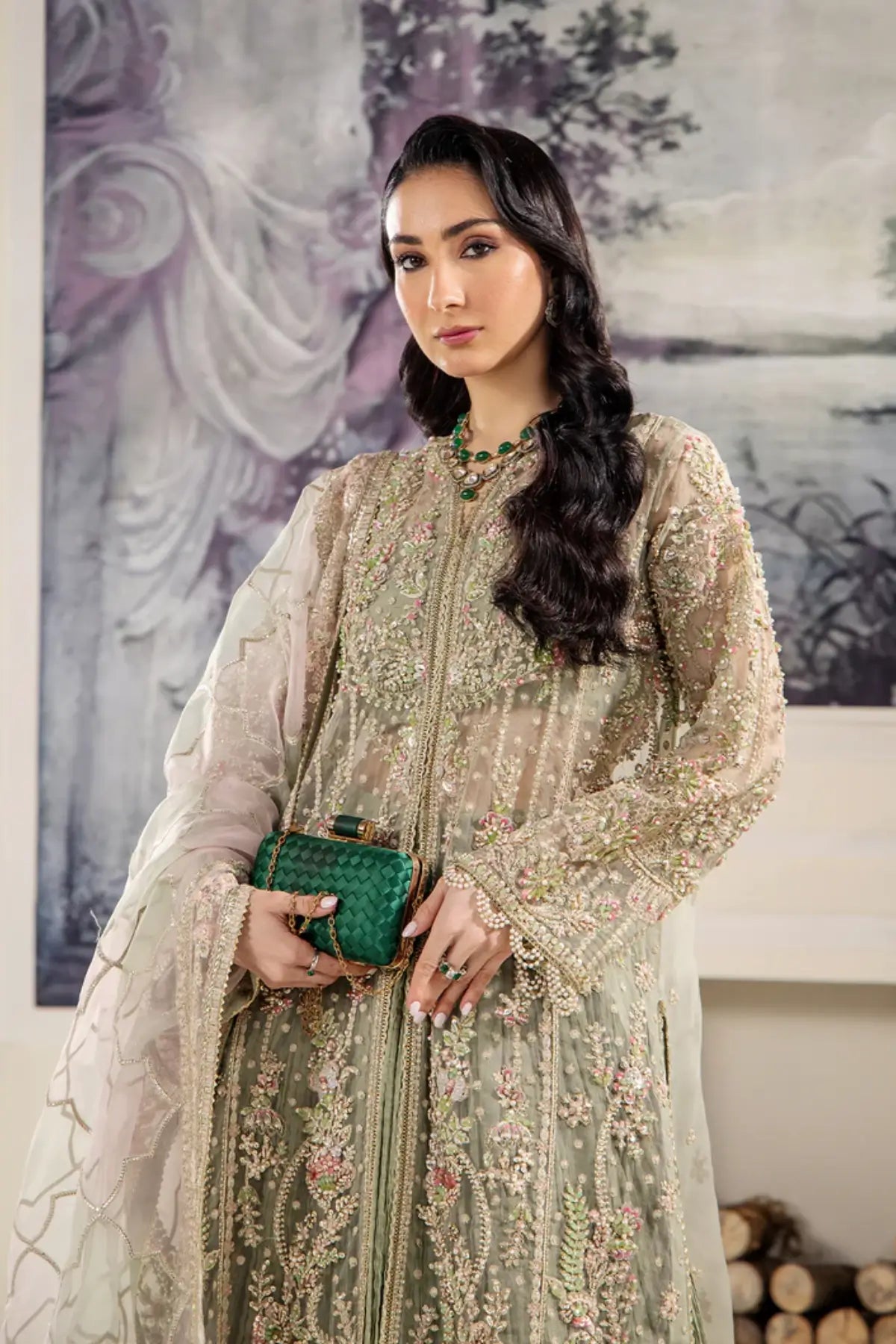 BELLE by Saad Shaikh mint green embroidered stitched crushed lehenga suit with dupatta | Pakistanimoda