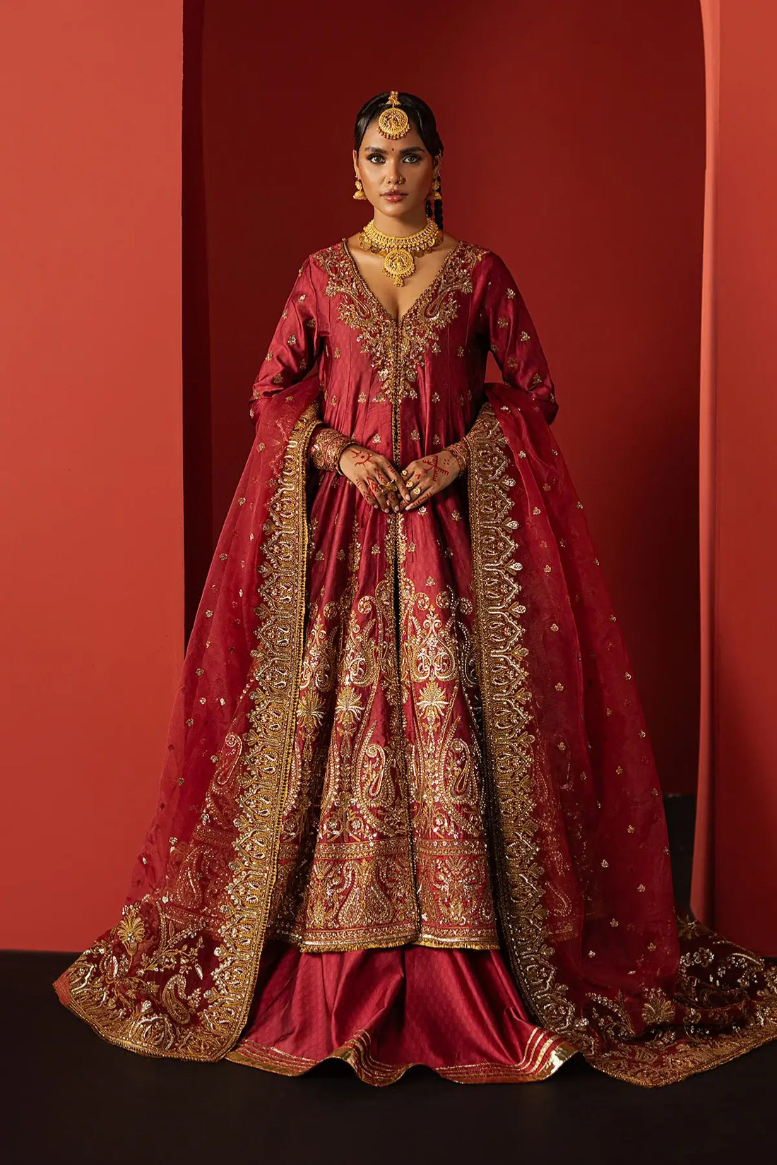 Bahaar Afrozeh coral red raw silk anarkali dress DIVANI 2025 Pakistani formal wear stitched Pakistanimoda