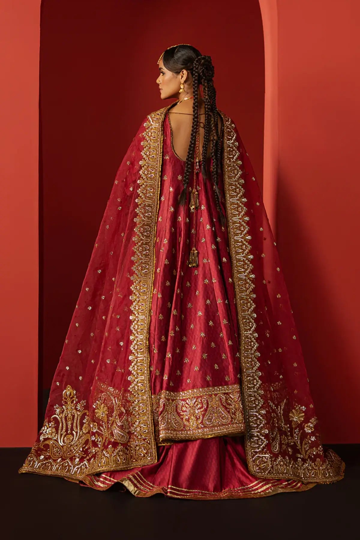 Bahaar Afrozeh coral red raw silk anarkali dress DIVANI 2025 Pakistani formal wear stitched Pakistanimoda