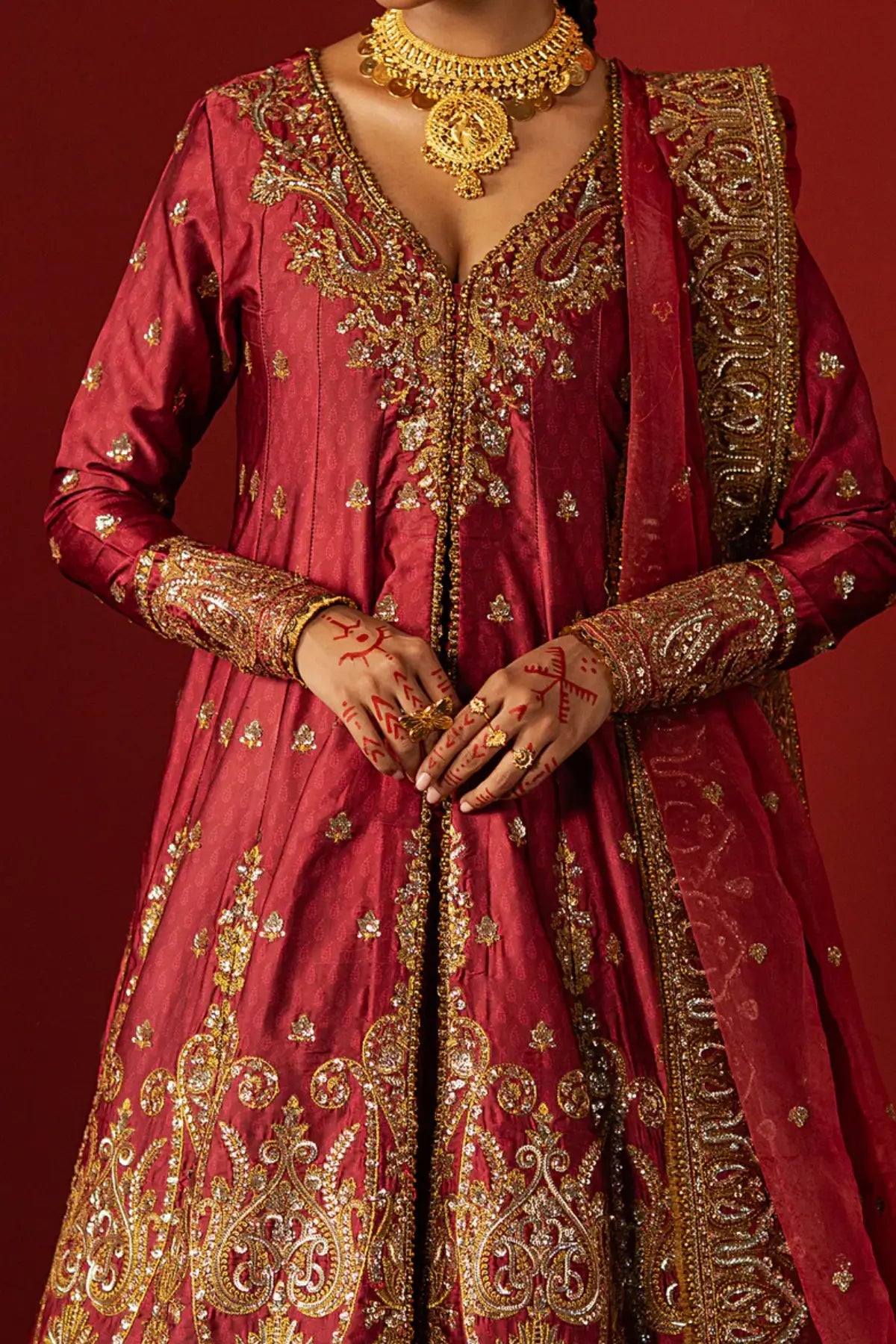 Bahaar Afrozeh coral red raw silk anarkali dress DIVANI 2025 Pakistani formal wear stitched Pakistanimoda