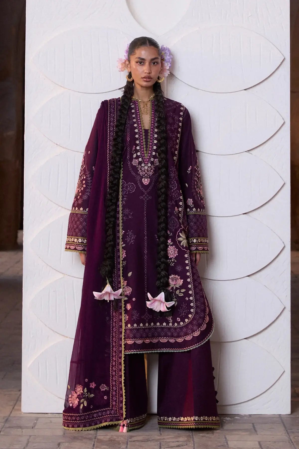 Banafsh plum premium lawn stitched 3PC suit with chiffon dupatta by Hussain Rehar Pakistanimoda