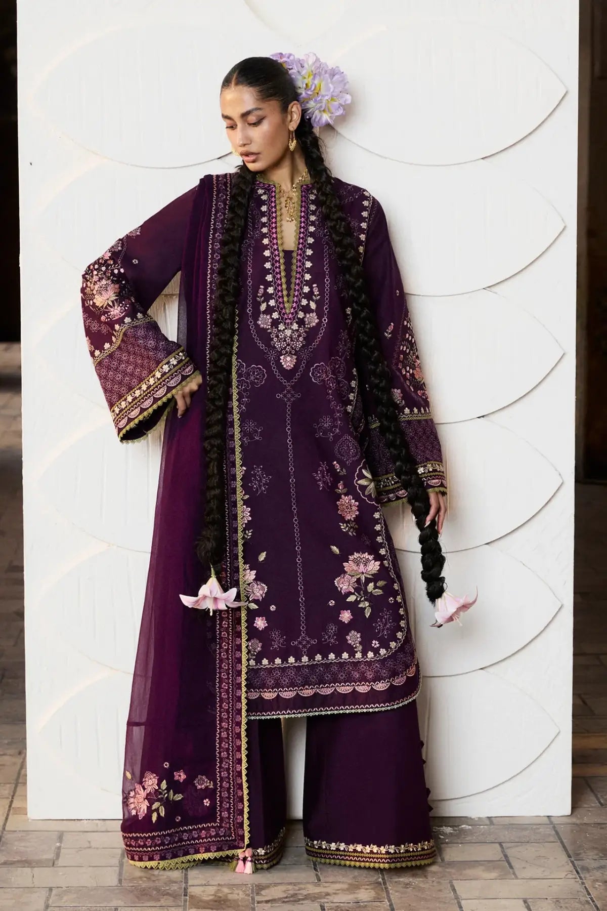 Banafsh plum premium lawn stitched 3PC suit with chiffon dupatta by Hussain Rehar Pakistanimoda