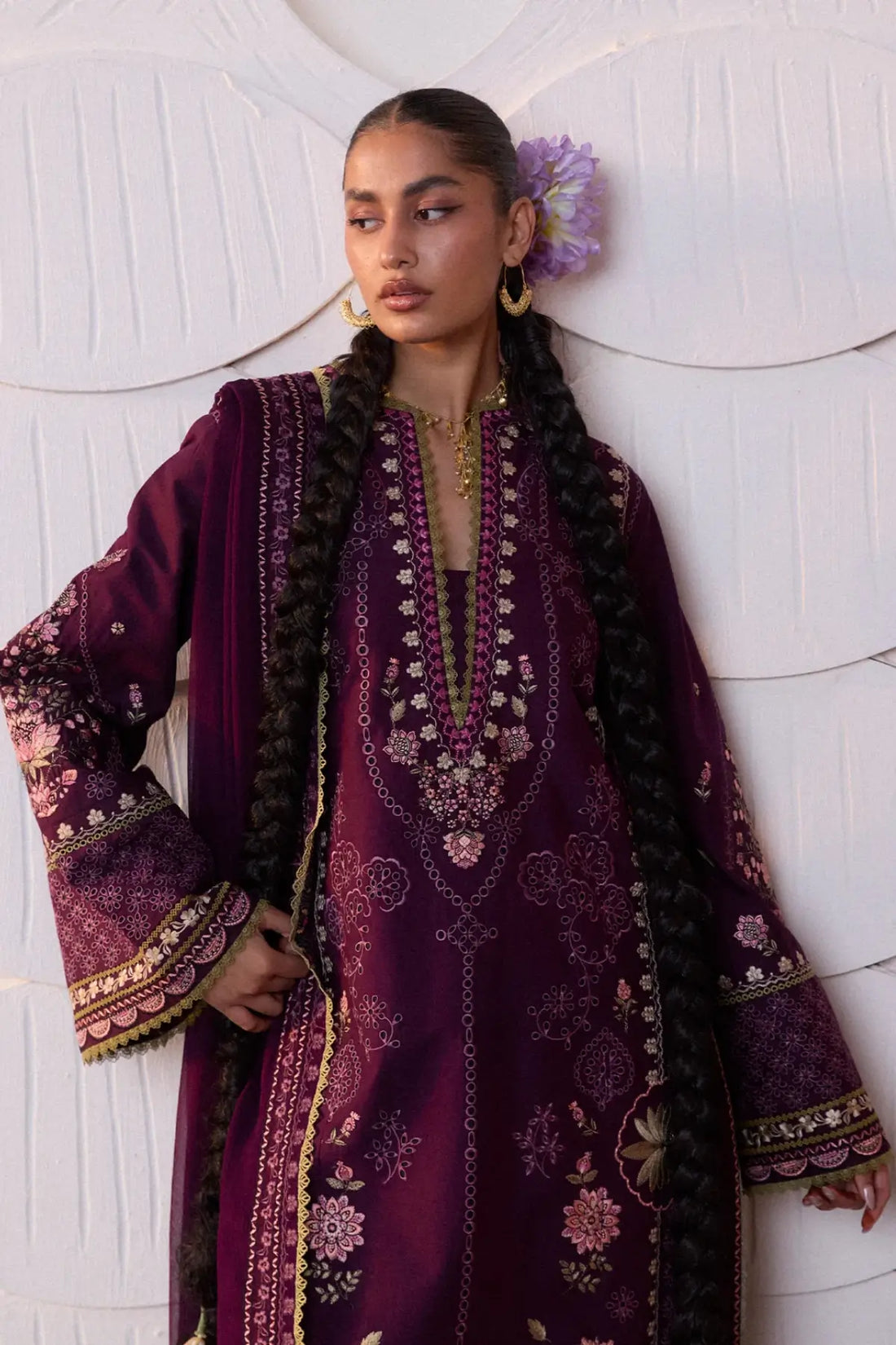Banafsh plum premium lawn stitched 3PC suit with chiffon dupatta by Hussain Rehar Pakistanimoda