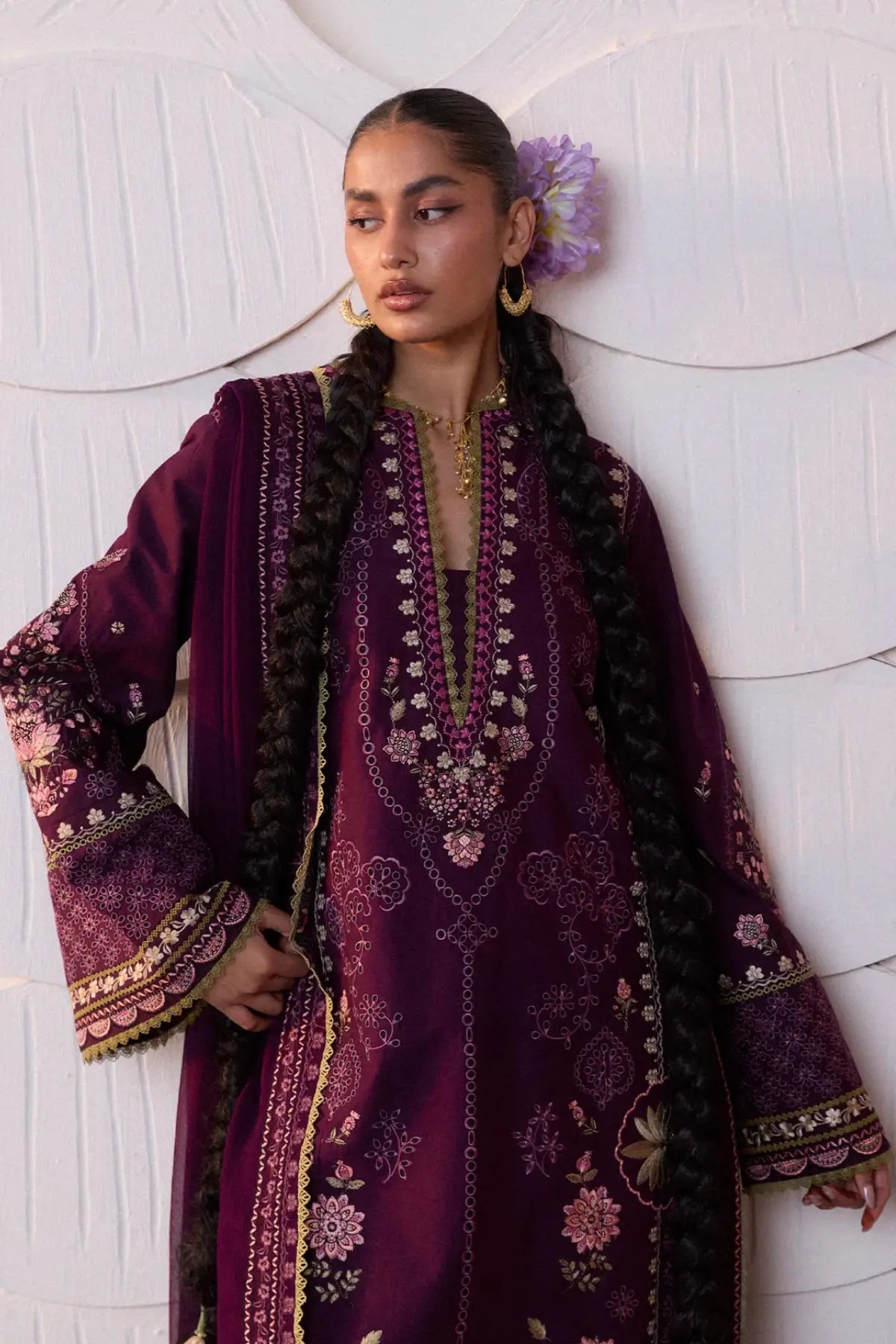Banafsh plum premium lawn stitched 3PC suit with chiffon dupatta by Hussain Rehar Pakistanimoda